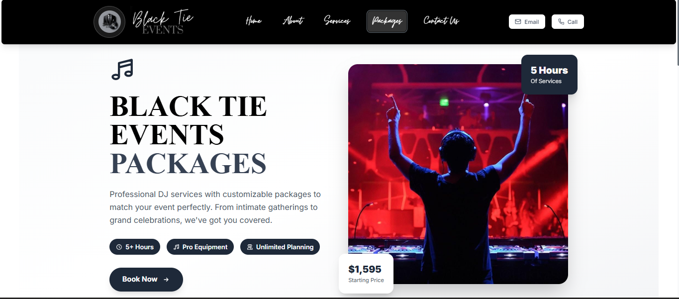 Black Tie Events website screenshot